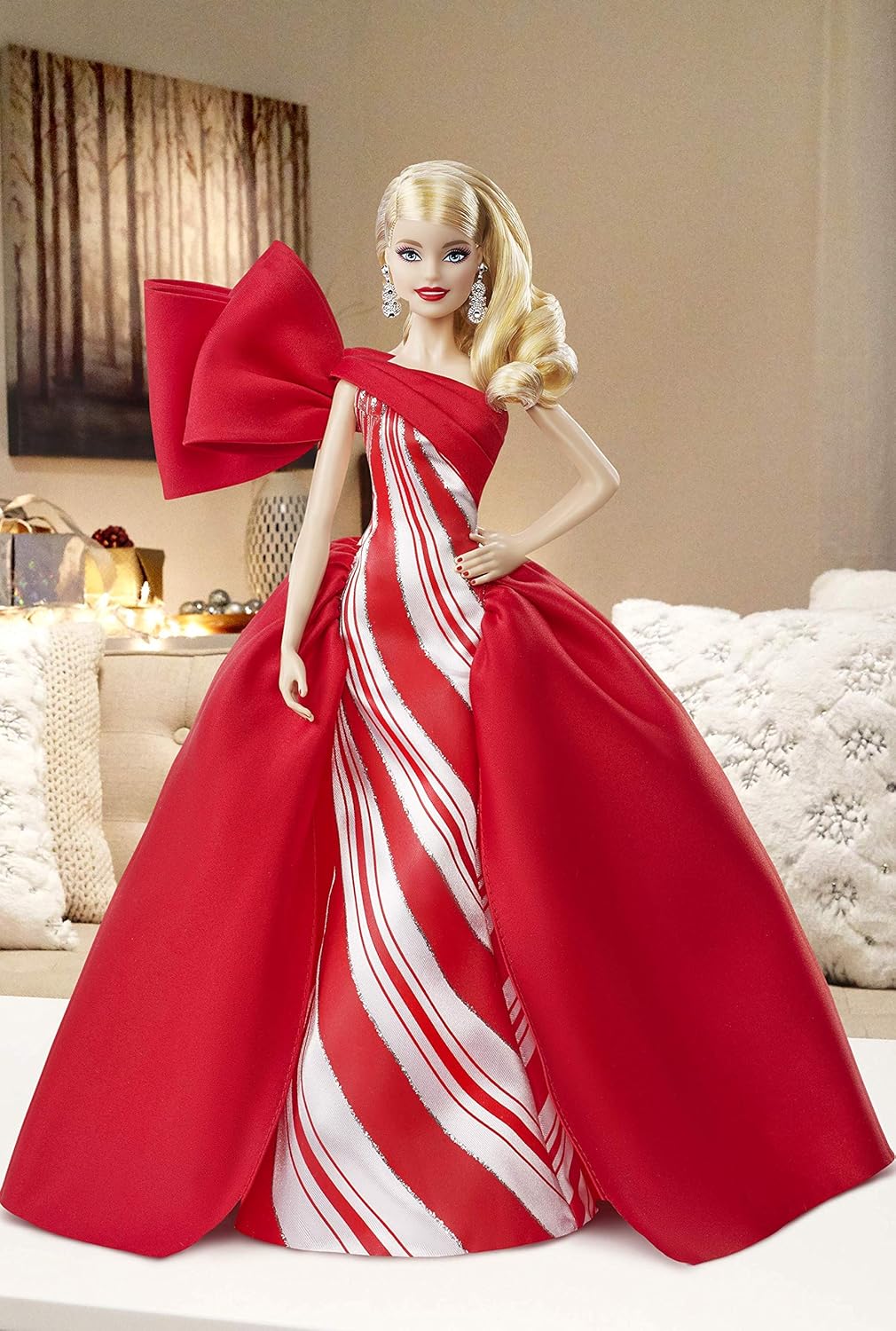 Barbie Signature – 2019 Holiday Barbie Doll in Stunning Red and White Grown with a Festive Holyday Print and Silvery Sparkle Details