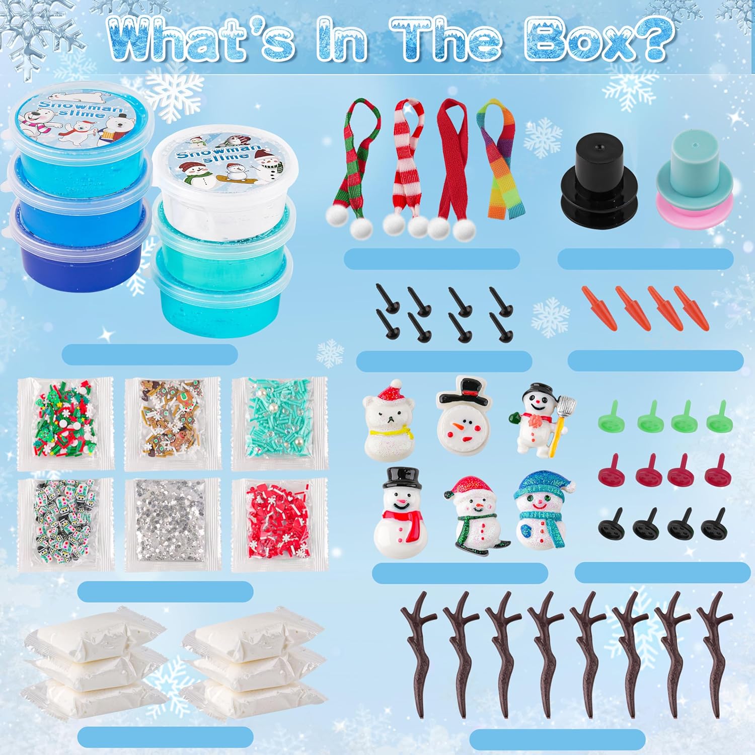 6-Pack Snowman Slime & Clay Christmas Craft Kit | DIY Build-a-Snowman Set | 6 Clear Crystal Slimes & 40 Accessories | Ages 4+