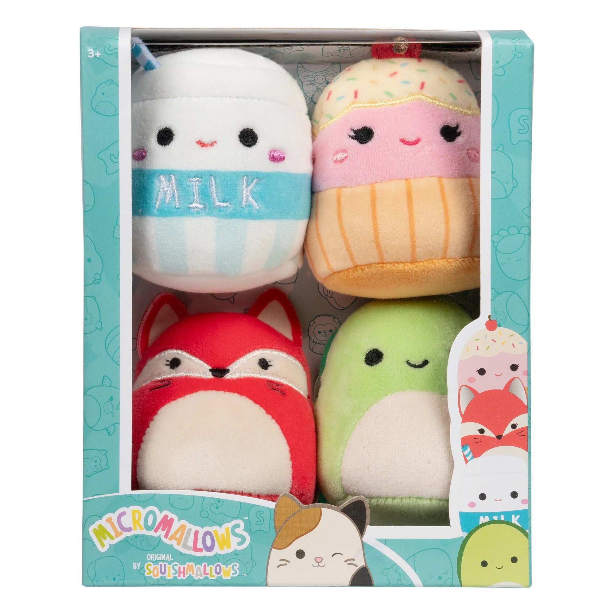 Squishmallows Micromallows 4-Pack - Fifi Fox, Henry Turtle, Melly Milk Carton, Clara Cupcake