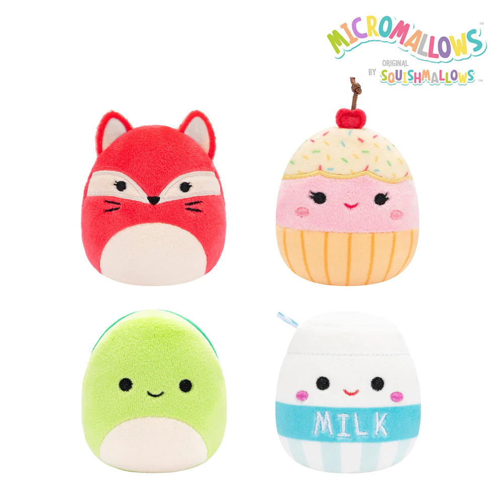 Squishmallows Micromallows 4-Pack - Fifi Fox, Henry Turtle, Melly Milk Carton, Clara Cupcake