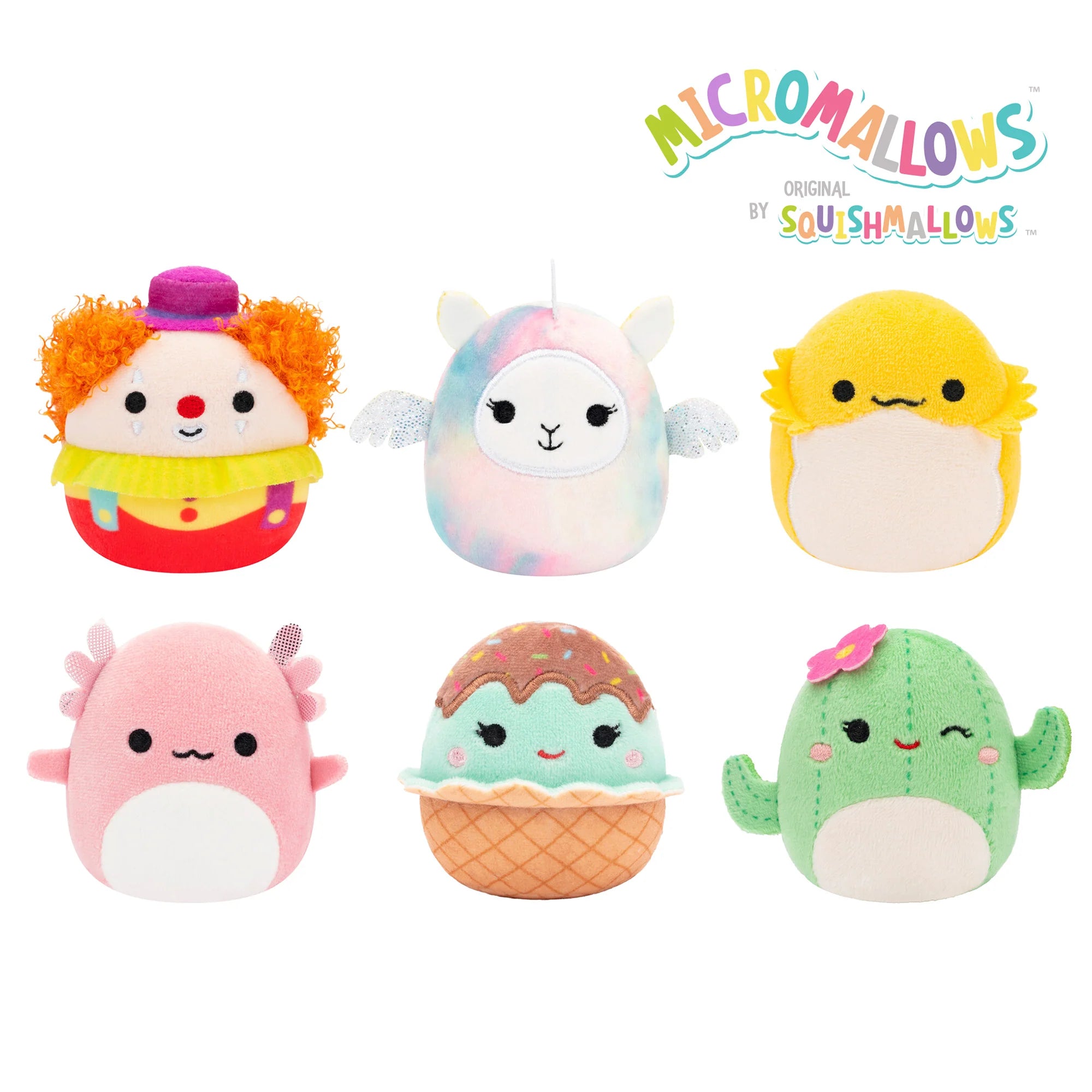 Squishmallows Micromallows 6-Pack – Archie Axolotl, Bimbi Clown, Lucy-May Llamapegacorn, Maritza Cactus, Maya Sundae, Rodry Bearded Dragon