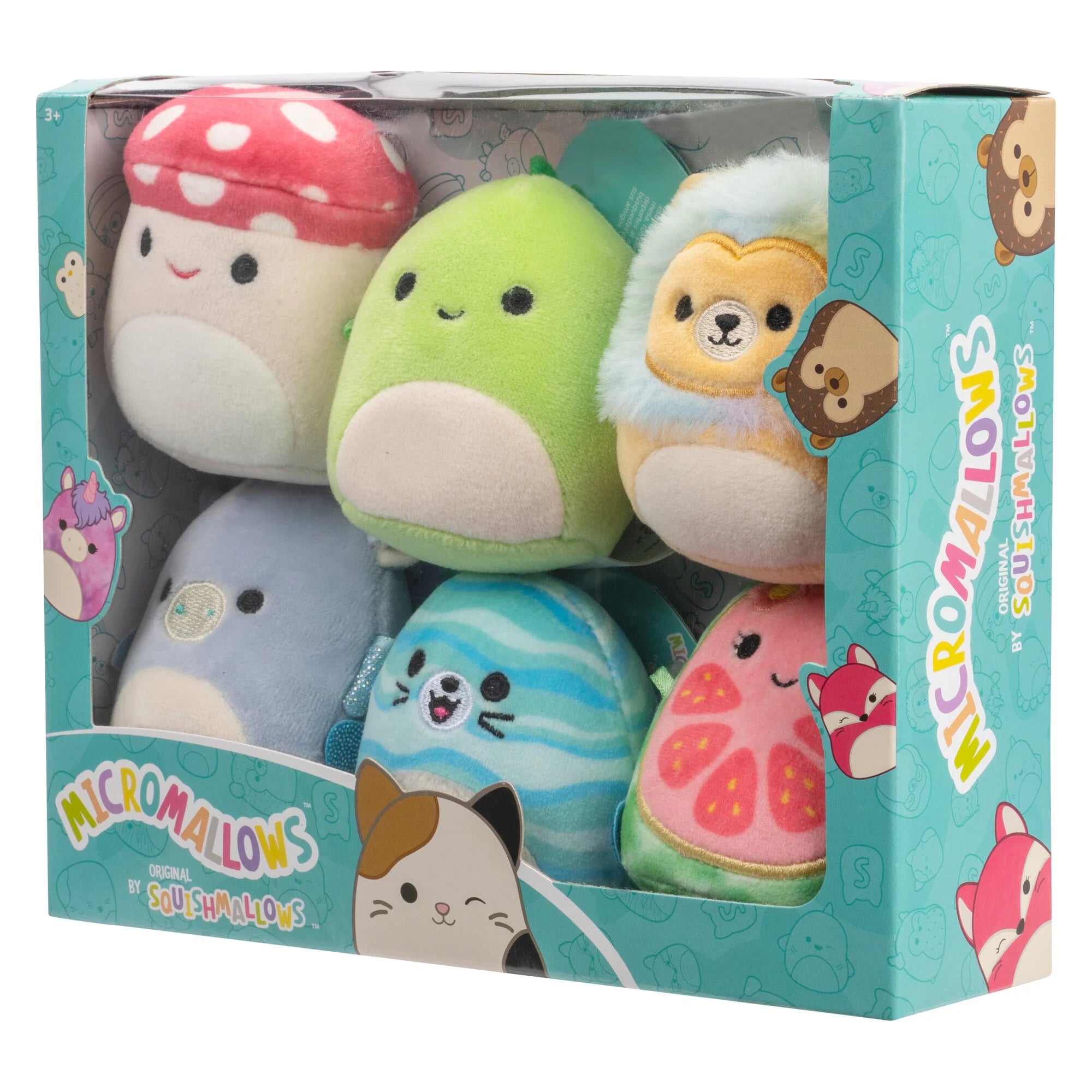 Squishmallows Micromallows 6-Pack – Danny Dinosaur, Dane Dragon, Malcolm Mushroom, Lena Guava Fruit, Leonard Lion, Noah Seal