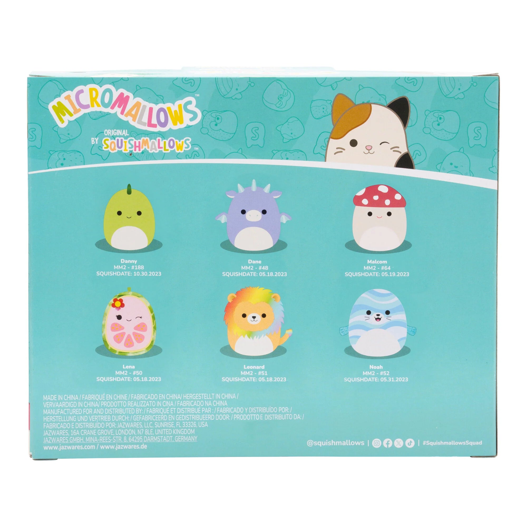 Squishmallows Micromallows 6-Pack – Danny Dinosaur, Dane Dragon, Malcolm Mushroom, Lena Guava Fruit, Leonard Lion, Noah Seal