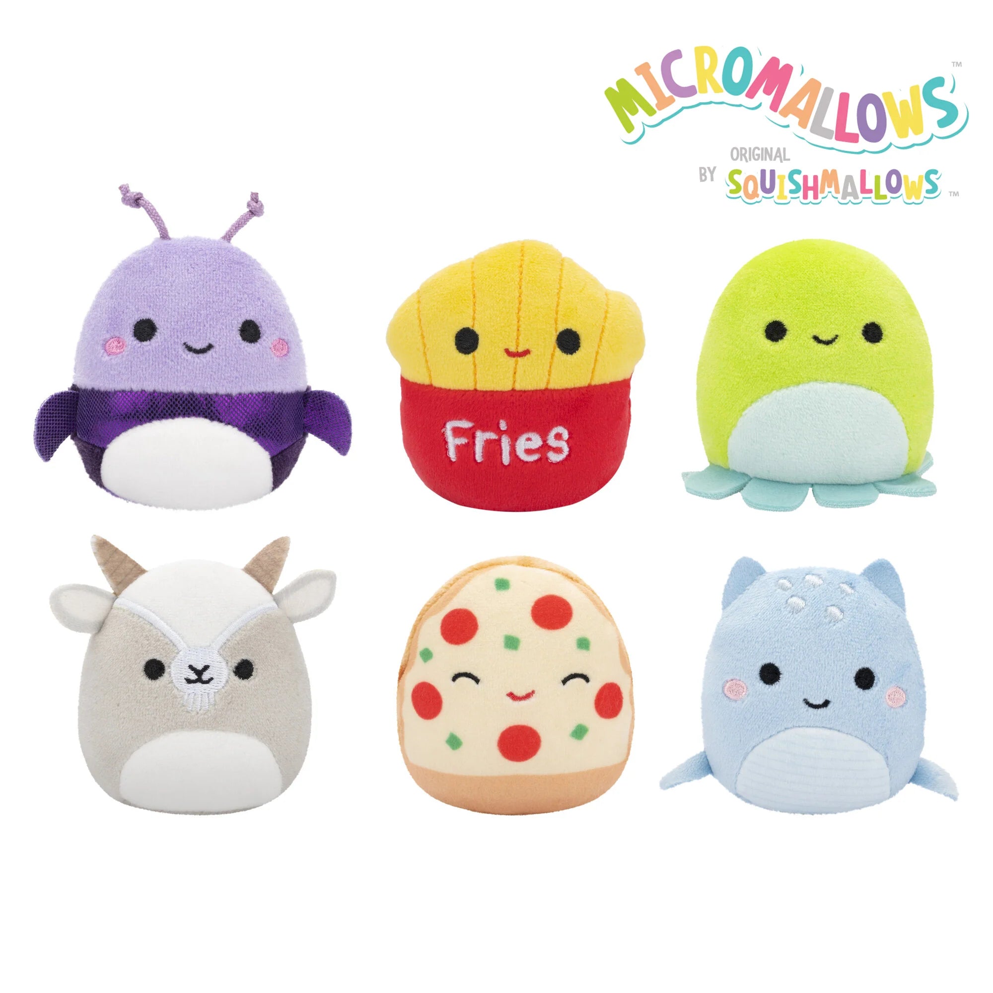 Squishmallows Micromallows 6-Pack – Axel Beetle, Lune Loch Ness Monster, Floyd French Fries, Orphie Octopus, Pep Pizza, Walker Goat