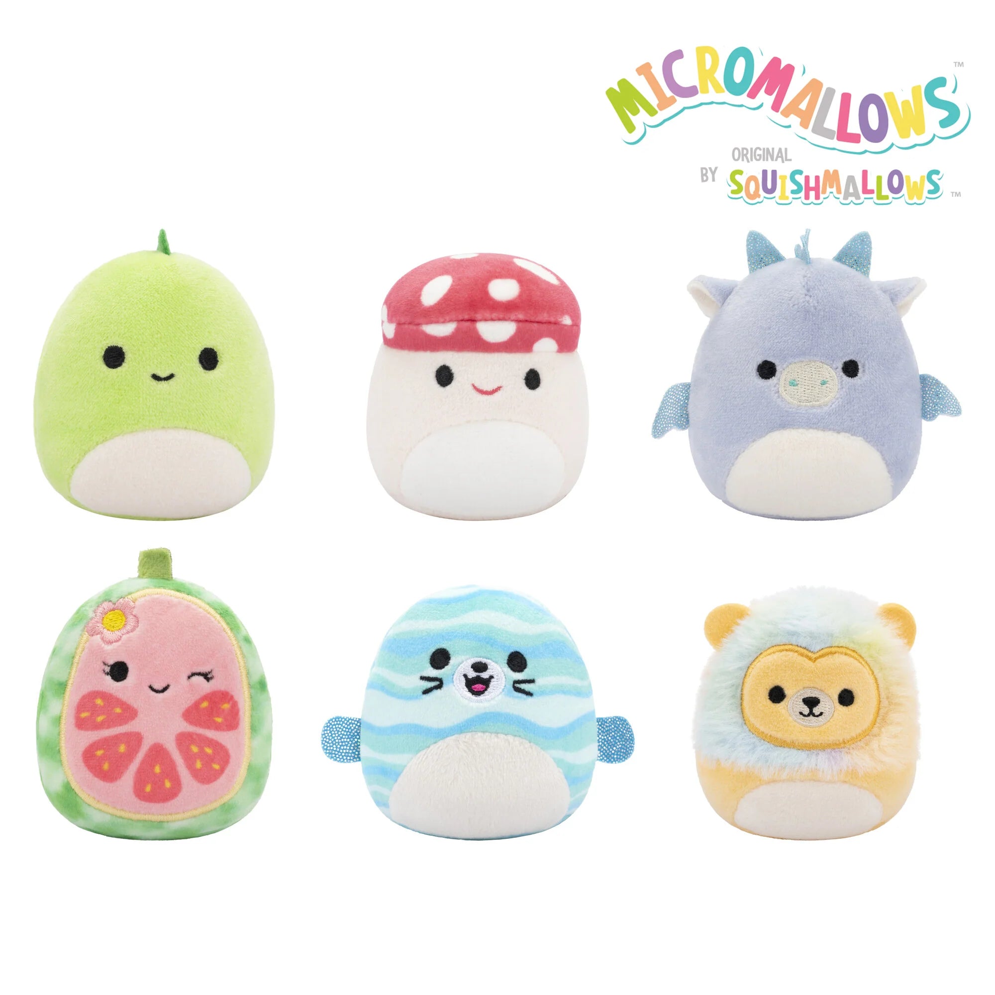 Squishmallows Micromallows 6-Pack – Danny Dinosaur, Dane Dragon, Malcolm Mushroom, Lena Guava Fruit, Leonard Lion, Noah Seal
