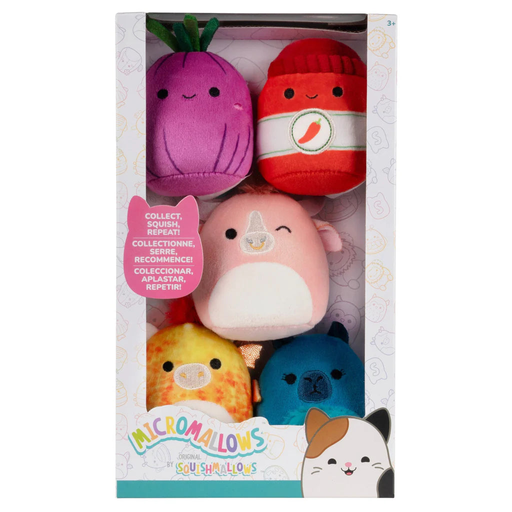Squishmallows Micromallows 5-Pack - Howland Bull, Dieric Dragon, Azizbek Onion, Cyril Capybara, Illia Sriracha